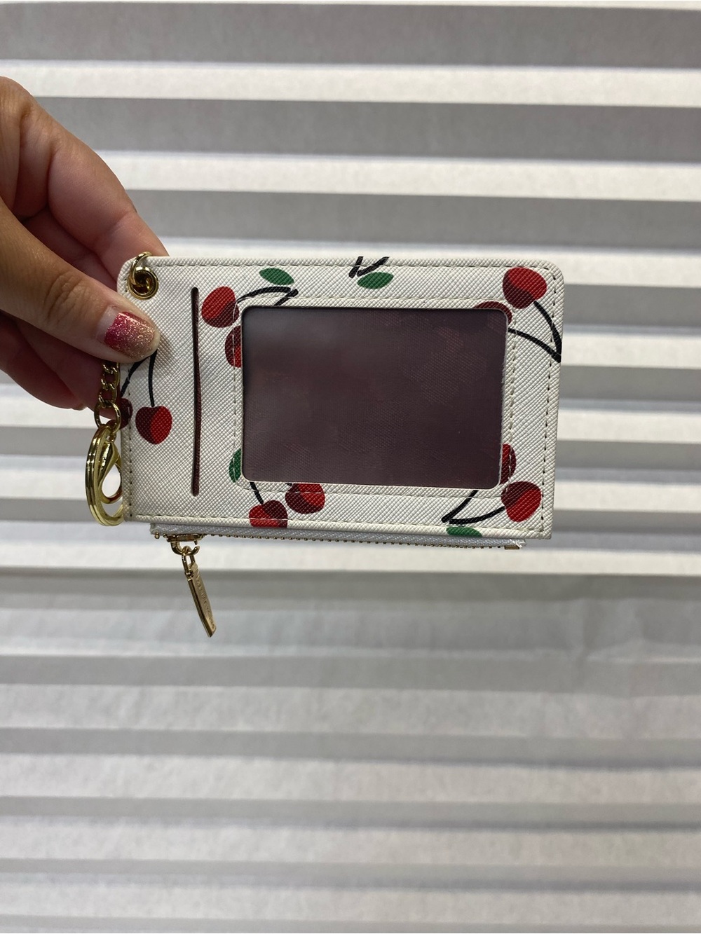 Cherry print key chain card wallet small compact travel on the go zip